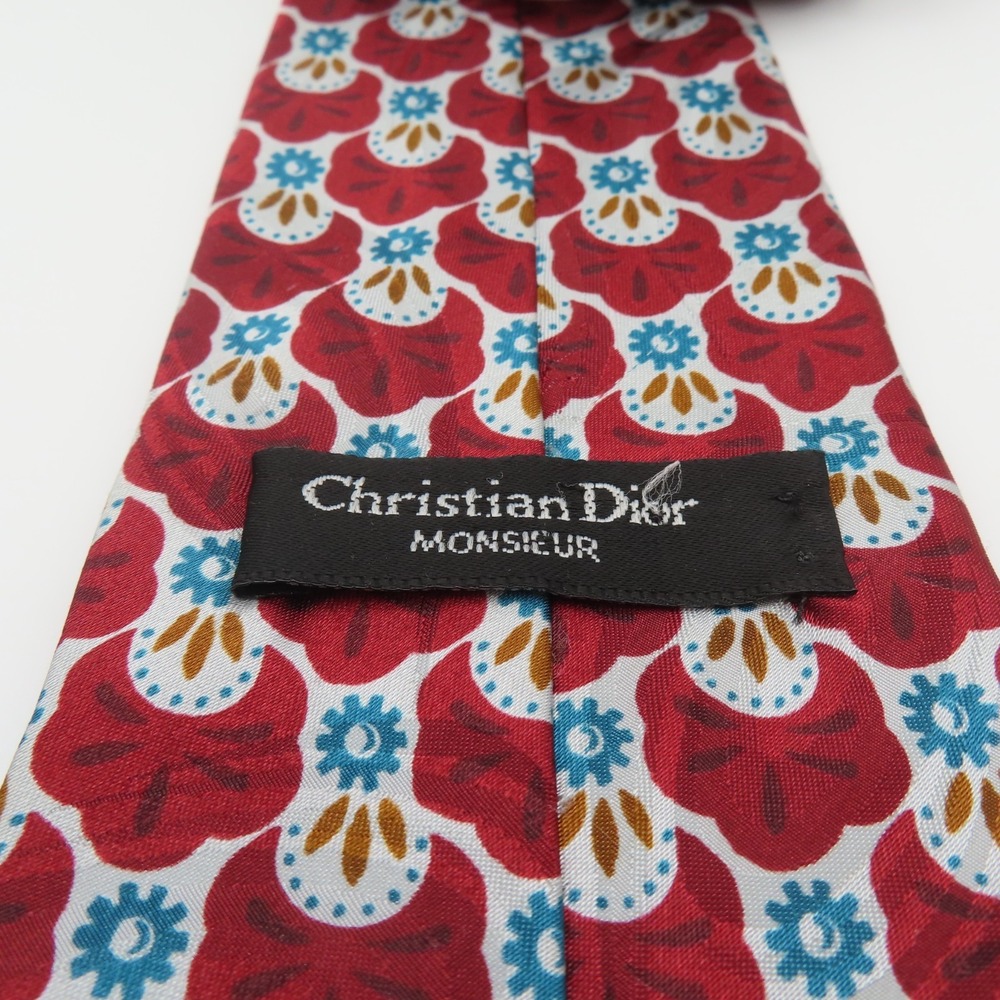 Christian Dior Tie Silk Red Blue Floral Polka Dot 3.75" Wide 56" Long Polyester - Picture 5 of 7